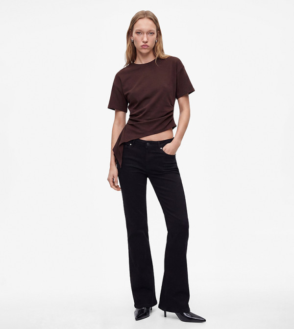 Solid Crew Neck Asymmetric Ruched T-Shirt