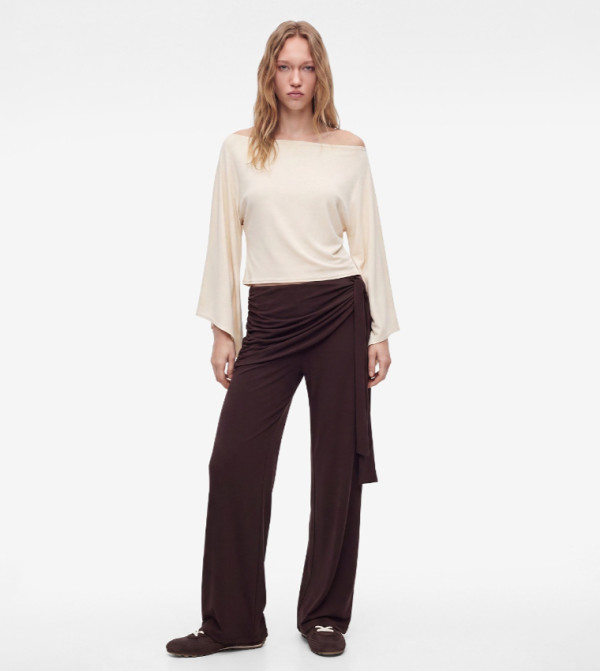 Solid Draped Tie Detail Wide Leg Trousers