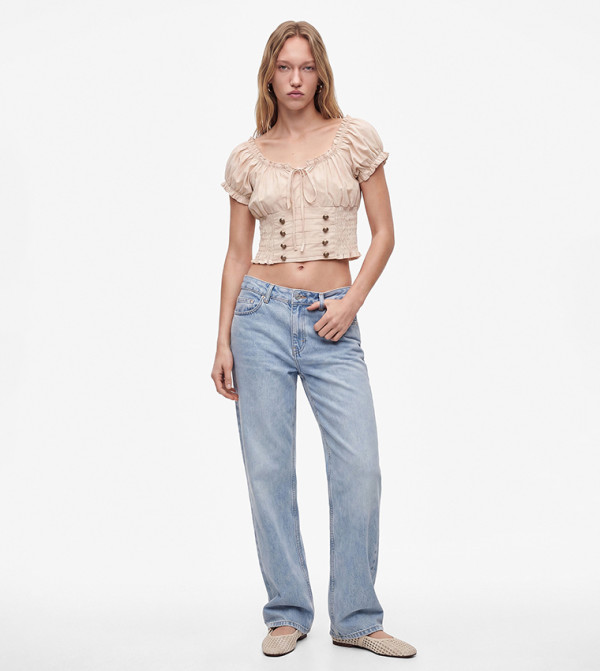 Solid Puff Sleeves Corset Crop Top