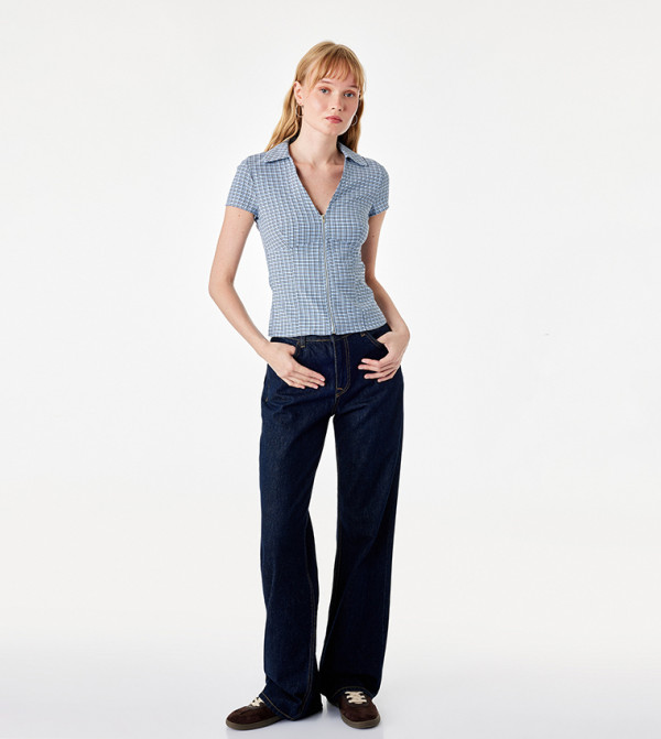 Check Zippered Short Sleeves Slim Fit Top