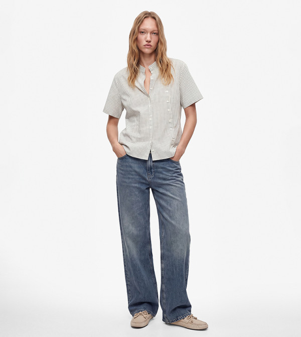 Checkered Mandarin Collar Short Sleeves Shirt