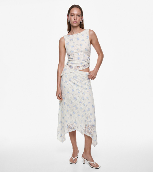 Floral Lace Asymmetric Midi Skirt