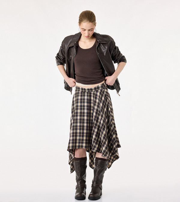 Plaid Asymmetric Midi Skirt