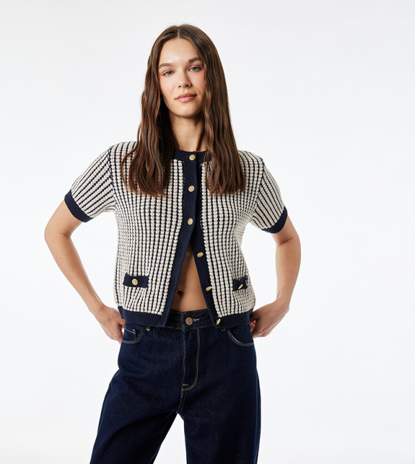 Textured Crew Neck Cardigan