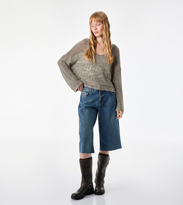 Openwork Scoop Neck Oversized Sweater