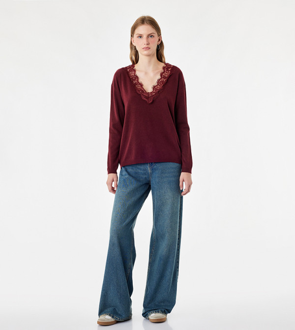Lace Trim V Neck Sweater