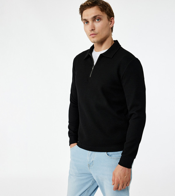 Ribbed Collared Long Sleeve Sweater