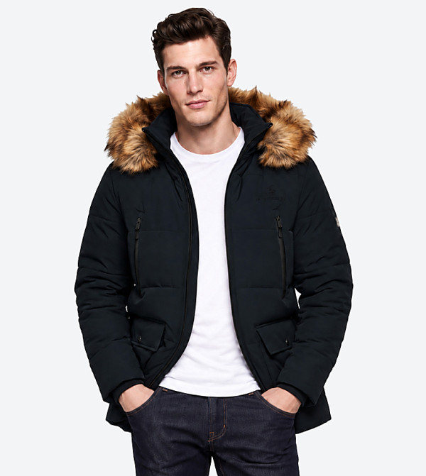 Solid Fur Trim Hooded Parka Jacket