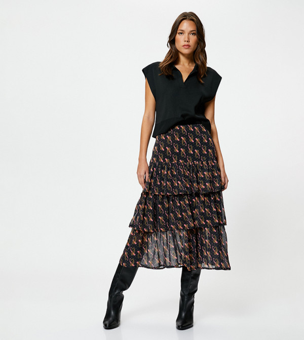 Printed Chiffon Tiered Midi Skirt
