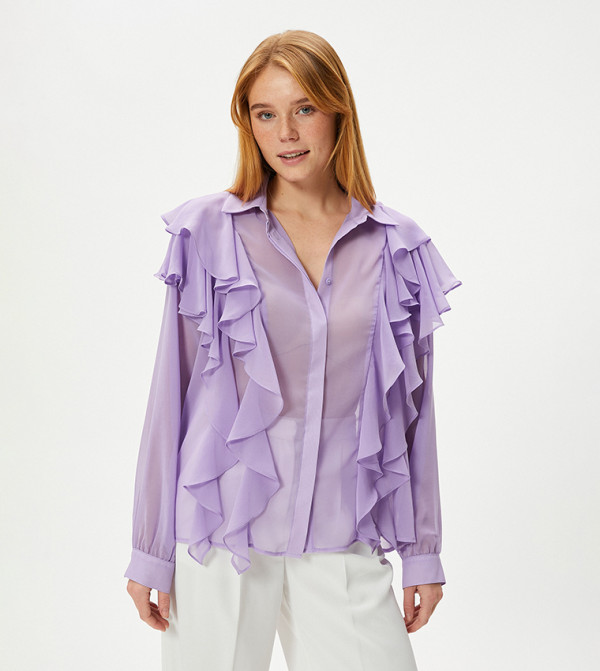 Ruffle Detail Long Sleeves Chiffon Sheer Shirt