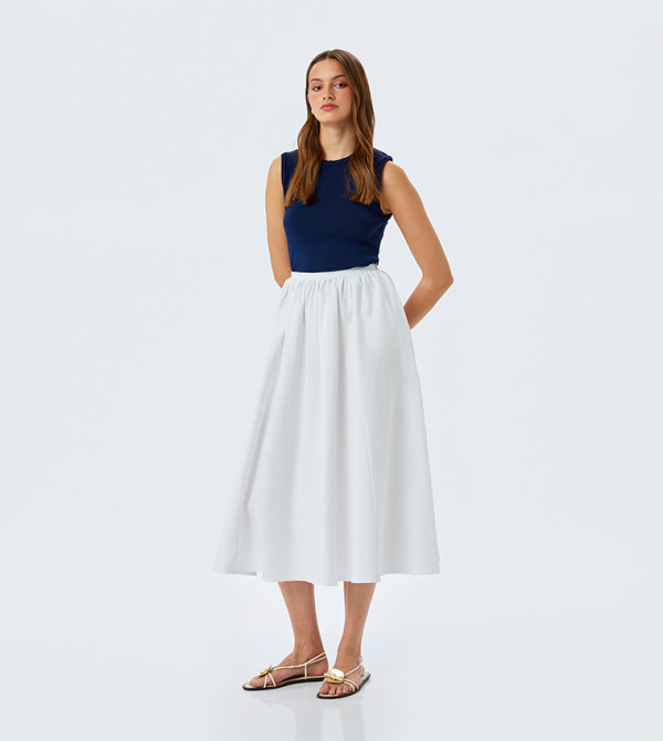 Solid Elastic Waist Midi Skirt