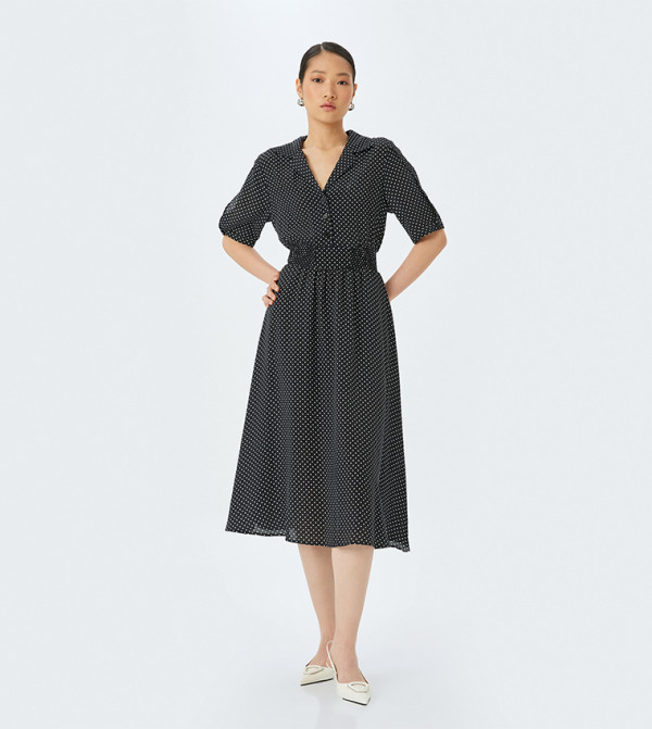Polka Dot Printed Short Sleeves Midi Dress