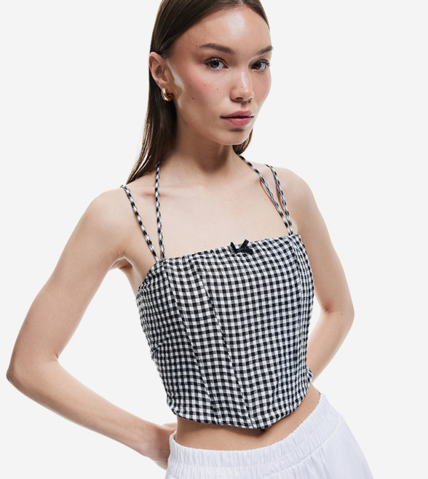 Gingham Patterned Strappy Crop Top