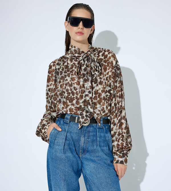 Animal Patterned Tie-Neck Top