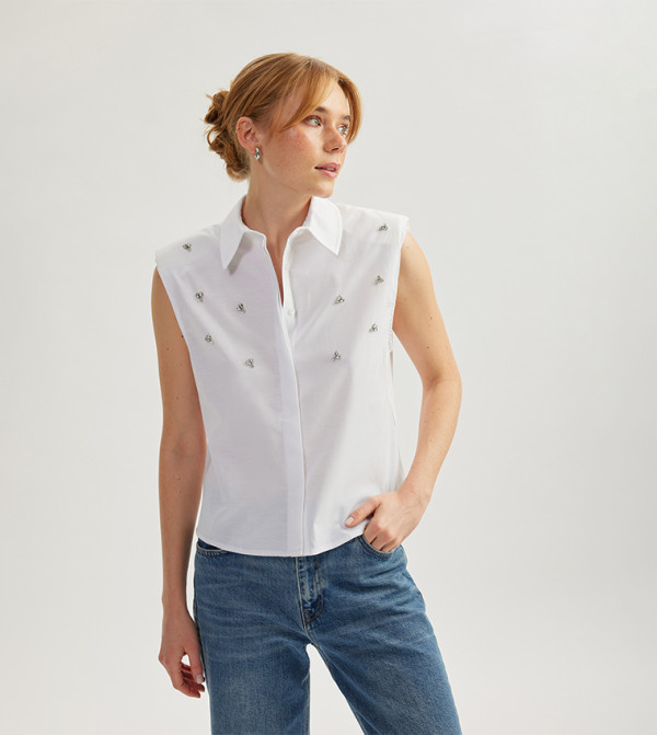 Embellished Sleevesless Shirt with Shoulder Pad