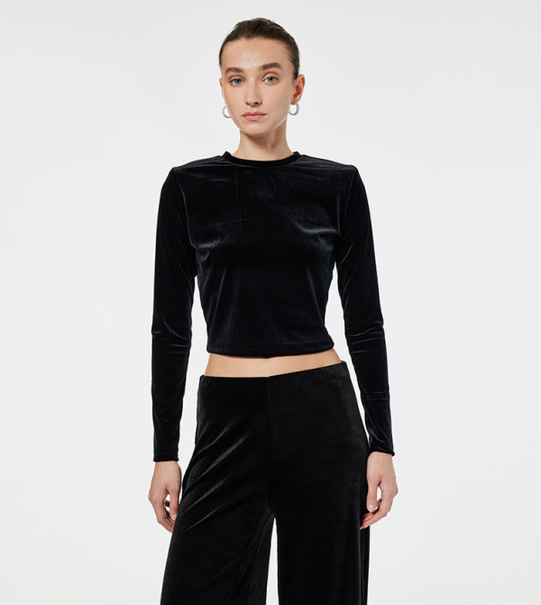Solid Long Sleeves Velvet Cropped Top