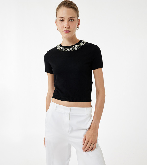 Embellished Crew Neck Crop Sweater