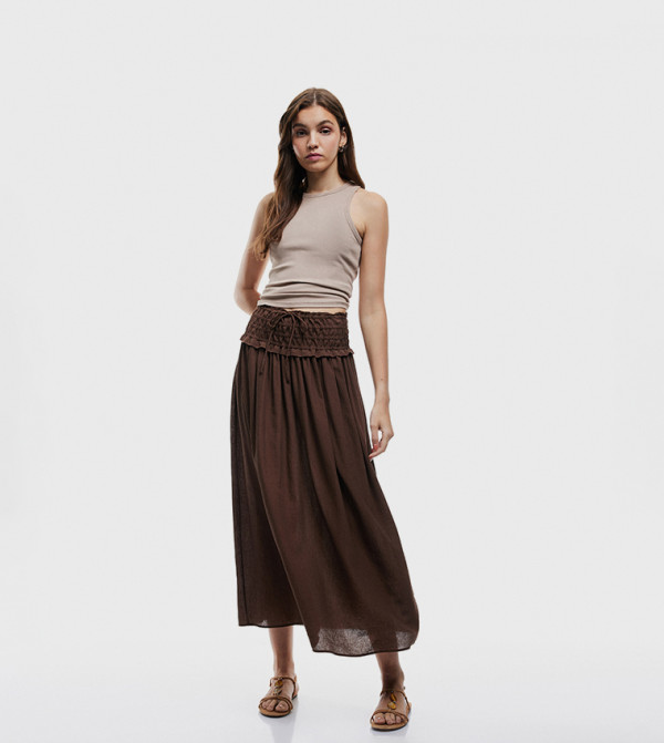 Textured Drawstring Waist Midi Skirt