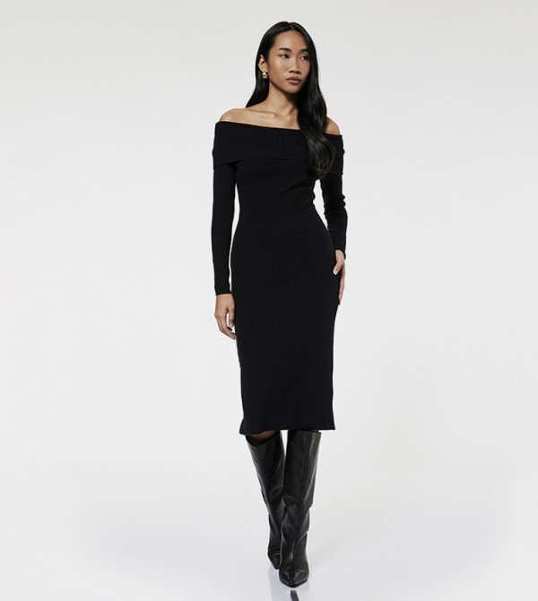 Solid Off Shoulder Bodycon Midi Dress