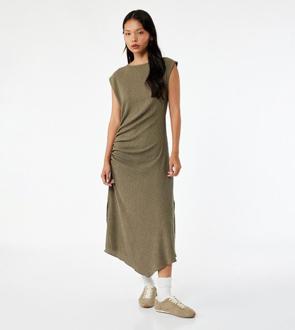 Ruched Cap Sleeves Midi Dress