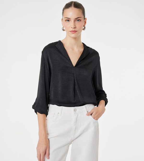 Solid Revere Collar 3/4 Sleeves Shirt