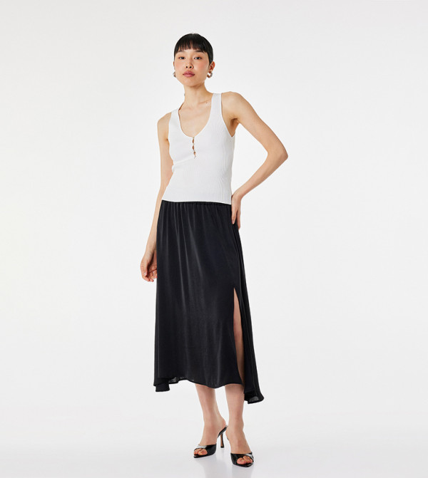 Solid Flared Satin Midi Skirt
