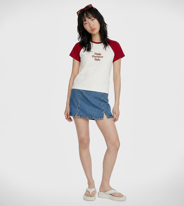 Solid Elastic Waist Denim Skort