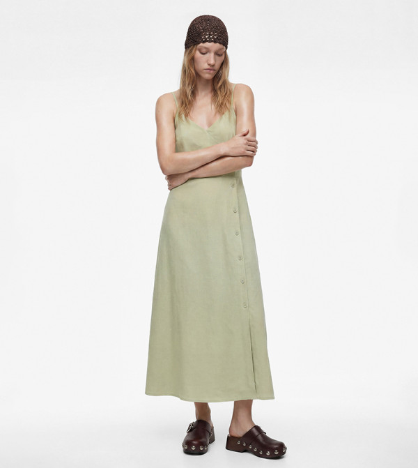 Solid Button Detail V Neck Midi Dress