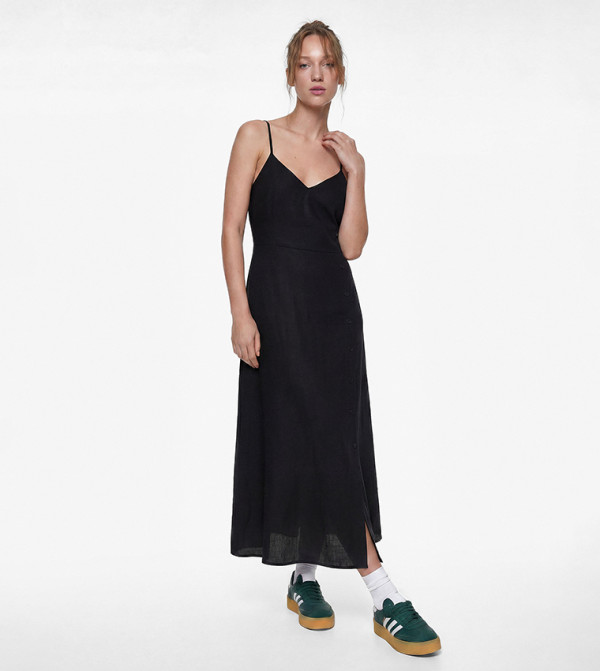 Solid Button Detail V Neck Midi Dress