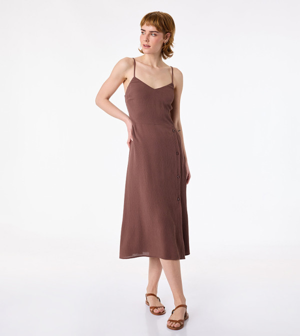 Solid V Neck A-Line Midi Dress