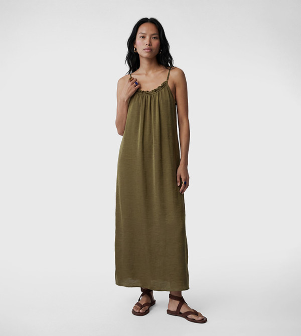 Solid Ruffle Neckline Slip Midi Dress
