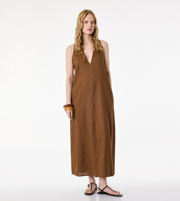 Solid V Neck Midi Dress