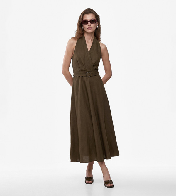 Solid Halterneck Belted A-Line Midi Dress