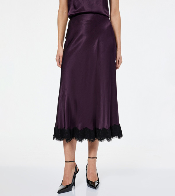 Solid Lace Trim Midi Skirt