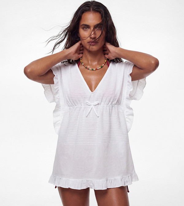 Striped Ruffle V Neck Mini Beach Dress