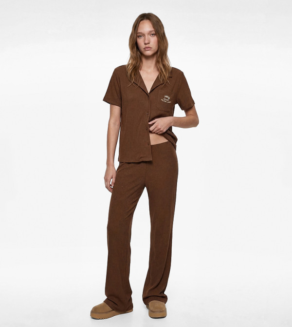 Embroidered Revere Collar Pyjama Set