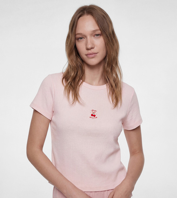Embroidered Crew Neck Pajama Top