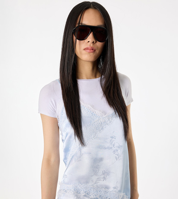 Floral Print V-Neck Lace Trim Top