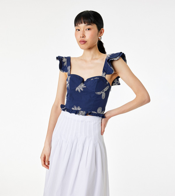 Embroidered Sweetheart Neck Flutter Sleeves Cropped Top