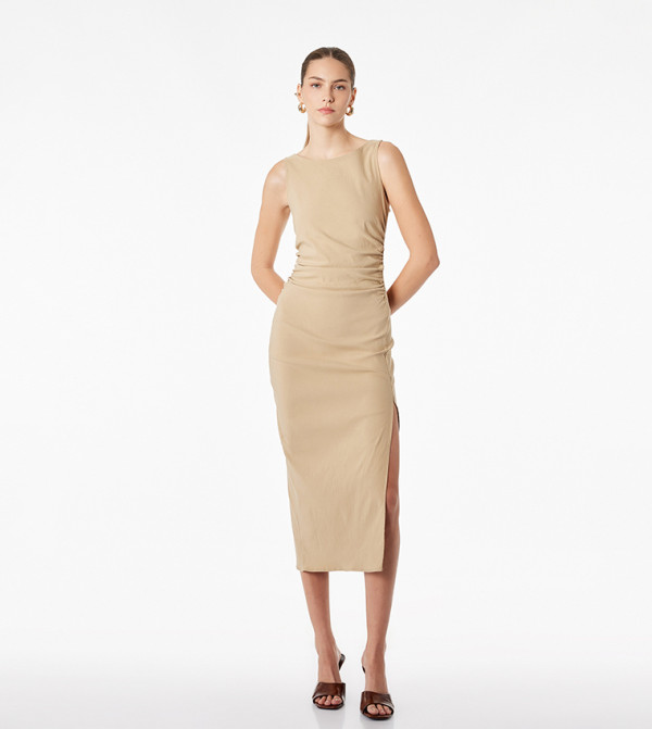 Solid Ruched Bodycon Midi Dress