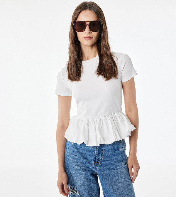 Ribbed Peplum Short Sleeves Top