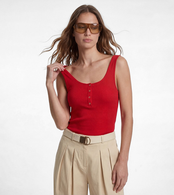 Ribbed Scoop Neck Button Detail Sleeveless Top
