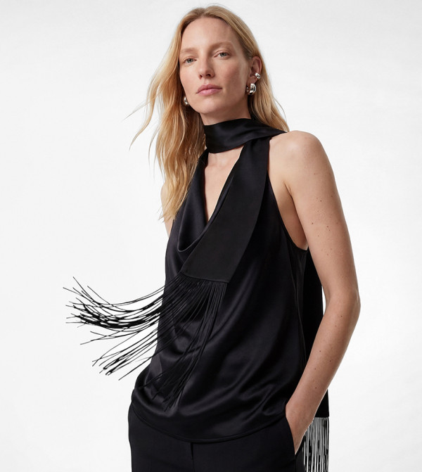 Solid Halterneck Fringe Detail Top