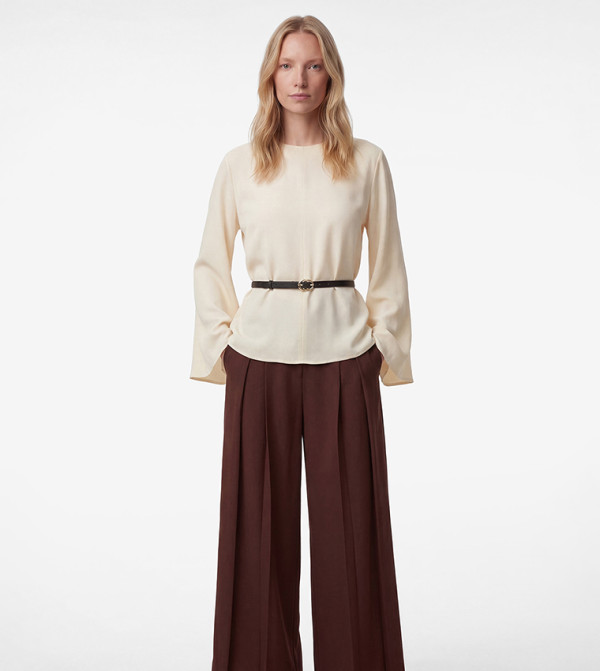 Solid Batwing Sleeves Belted Top