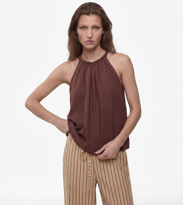 Solid Halterneck Braided Neckline Top