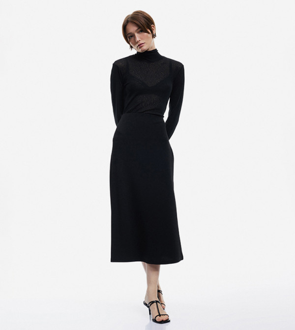Solid Elastic Waist Midi Skirt
