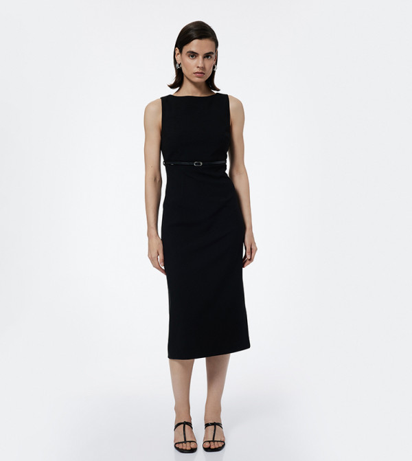 Solid Boat Neck Sheath Midi Dress