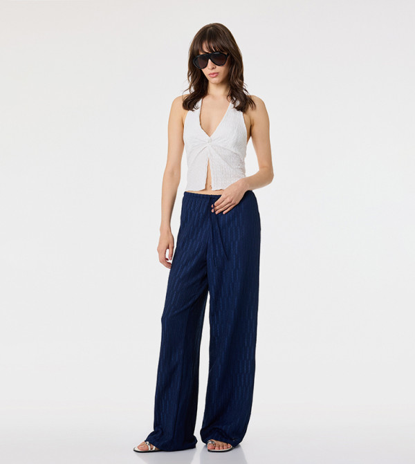 Textured Drawstring Waist Wide Leg Trousers