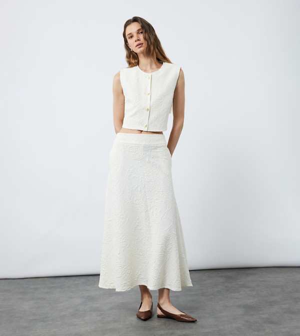 Textured High Rise Midi Skirt