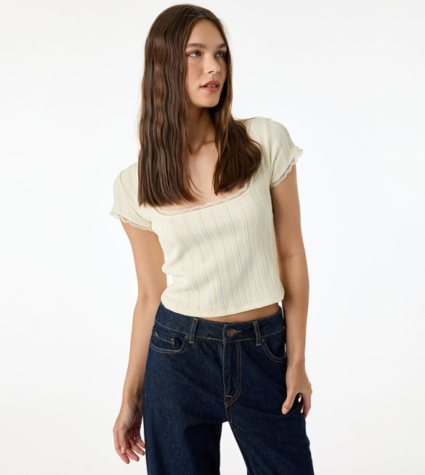 Textured Square Neck Lace Trim Cropped Top